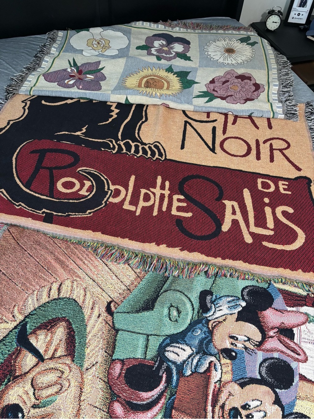 Vintage Woven Tapestry Blanket Lot Of 3- Floral/Le Chat Noir Cat/Disney Throws